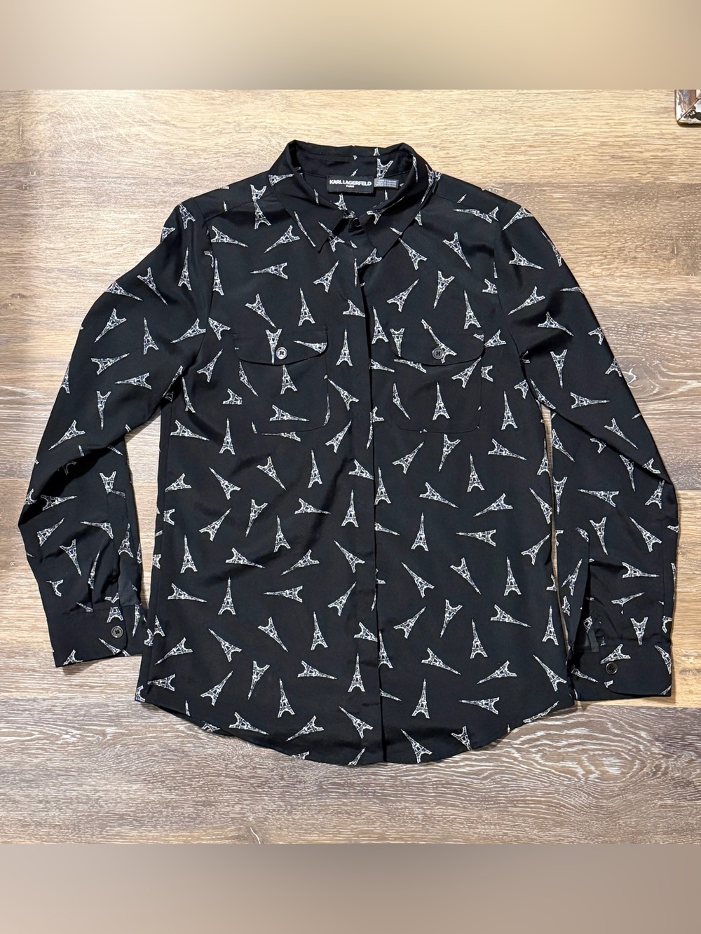 Karl Lagerfeld Paris Eiffel Tower Print Blouse Black M